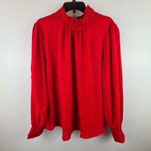 LOFT Red Clip Dot Mock Neck Tie Back Blouse XL Long Sleeve Smocked Cuff NWT